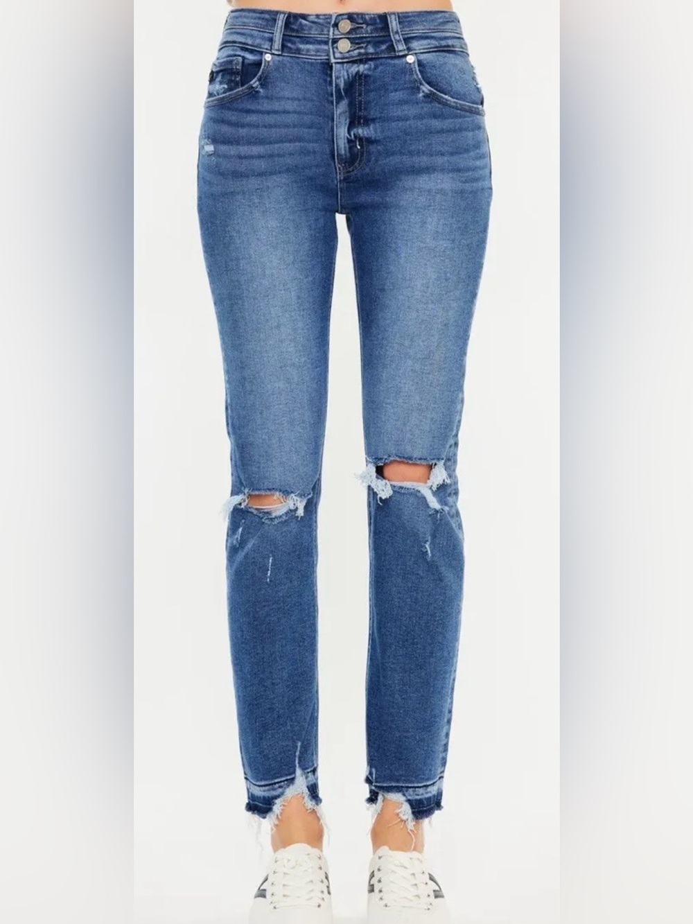 Kancan Pamela High Rise Slim Straight Jeans Medium Wash Distressed 28